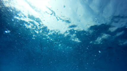 Fototapeta premium Tranquil underwater view focusing on the glassy sea surface above, delicate patterns of light and shadow dancing through