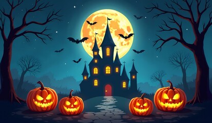 Spooky Halloween Scene with Pumpkins, Bats, and a Haunted Castle under a Full Moon