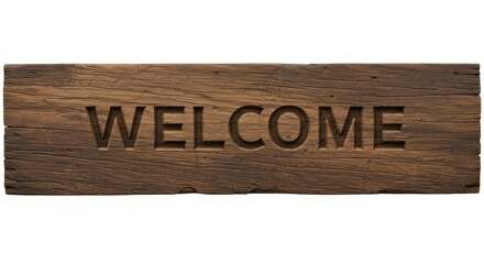 Rustic Wooden Welcome Sign with Engraved Letters on a White Background