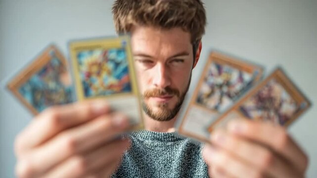 Man focused on collectible card game deck with an intense expression against a white background