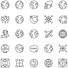 A collection of 25 minimalist line icons representing global and earth-related concepts. The set includes various interpretations of globes, world maps, and planetary symbols in a clean, outline style