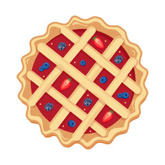 Delicious berry pie with jam and fresh fruits vector on white background – raspberry, blueberry, blackberry and strawberry tart. Perfect for food ads, kids design, holiday decor and packaging