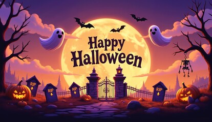 Happy Halloween greeting with ghosts, bats, pumpkins, and a graveyard under a full moon