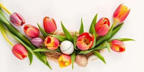Vibrant tulips & speckled eggs nestled on pristine white background,  holiday decor,  detail