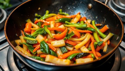 Vibrant vegetables stir-fried in a hot wok, glistening with oil,  Japanese,  colorful