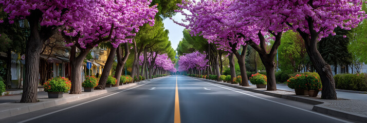 Cherry blossom trees showcase vibrant pink flowers along a peaceful street. Lush greenery complements the tranquil scene. Concept of urban beauty, seasonal change, outdoor enjoyment