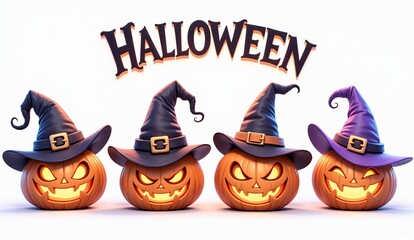 Four jack-o'-lanterns wearing witch hats under a 'Halloween' sign