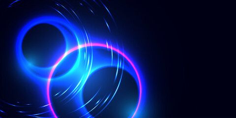 Abstract dark background with glowing blue and pink neon circles