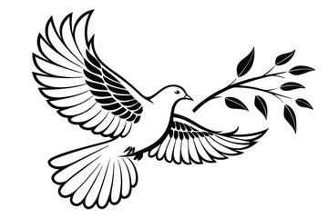 Stylized black dove gracefully carries an olive branch symbolizing peace and hope globally