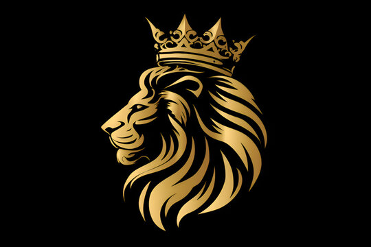 Golden lion wearing crown, majestic symbol of power and royalty