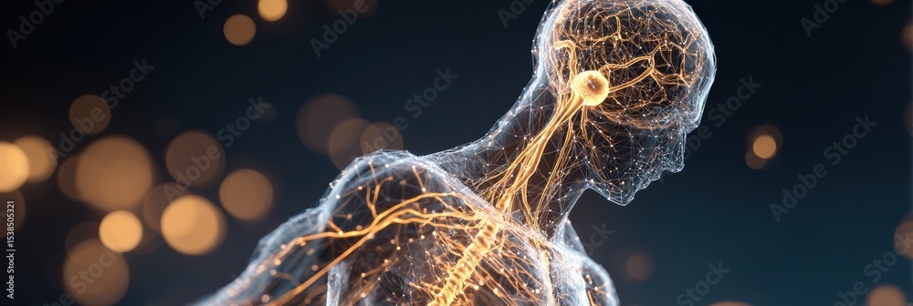 Poster stylized wireframe representation of human body focusing on nervous system with glowing highlights