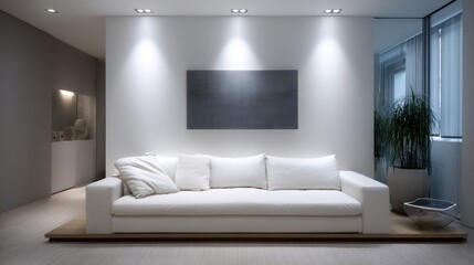 A contemporary minimalist living room a sleek white sofa, large artwork, clean lines, soft, side lighting casting subtle