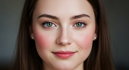 Generative AI portrait of a white skinned modern young lady in 20's from France, looking directly camera, her eyes are big and green, she has a natural make-up, her skin is flawless, smiling slightly,