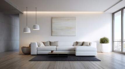 A contemporary minimalist living room a sleek white sofa, large artwork, clean lines, soft, side lighting casting subtle