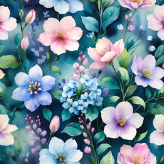 Elegant Watercolor Floral Pattern: Serene Blooms on Teal