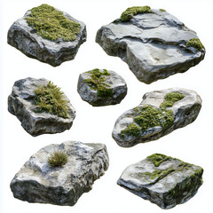 Mossy Natural Rocks with Unique Textures Isolated on Transparent Background