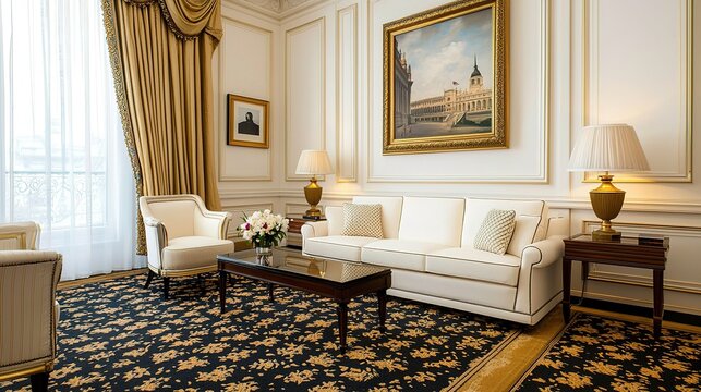 Elegant living room with classic decor, ornate carpet, cream sofas, large windows, and framed artwork, creating a sophisticated and luxurious atmosphere.