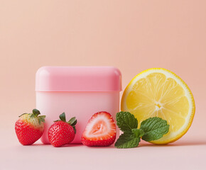 Neatly arranged sliced lemon, strawberry, mint leaves alongside a pink cream container