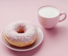 Powdered donut close-up with delicate star sprinkles on a light pink surface alongside a cup