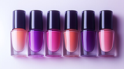 Six nail polish bottles in a 2x3 grid, showcasing vibrant shades of purple, pink, and peach