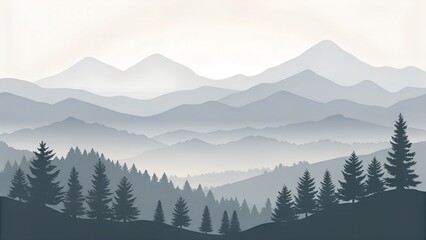 Obraz premium Serene misty mountain landscape with silhouetted pine trees