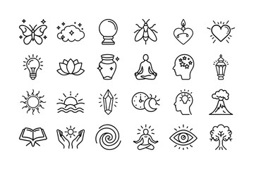 Spiritual and Inner Growth Icons Set Featuring Meditation, Healing, Crystals, Sun, Moon, Yoga, Energy, Transformation, and More  Vector Illustration. Editable stroke .
