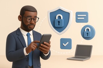 Man using smartphone with security icons and laptop
