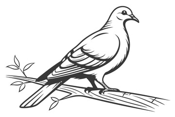 Line art depicts a pigeon resting gracefully on a tree branch detailed with leaves