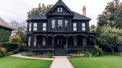 A striking black Victorian house with ornate trim, surrounded by green lawns and trees under a cloudy sky.