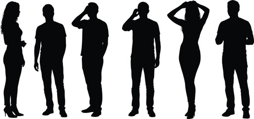 Silhouette of people standing, talking on phone, thinking pose, casual outfit, man and woman figure, black vector, isolated illustration