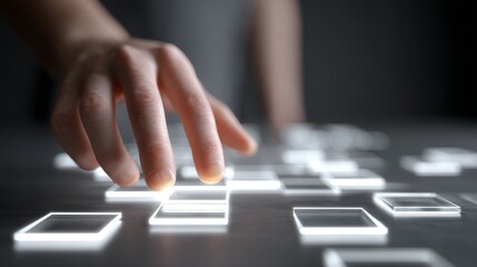 A close-up of a hand interacting with illuminated touch-screen squares.