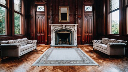 Elegant wood-paneled living room with two sofas, ornate fireplace, large rug, and tall windows letting in natural light.