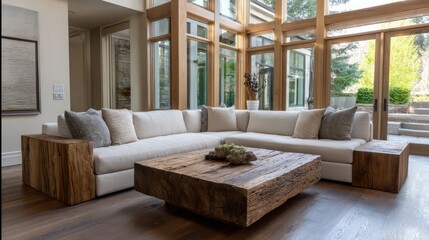 Obraz premium A contemporary rustic living room a reclaimed wood coffee table, a modern sectional, large windows letting in soft,