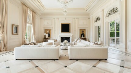 Elegant, spacious living room with classic decor, marble flooring, large windows, and luxurious white sofas centered around a grand fireplace.