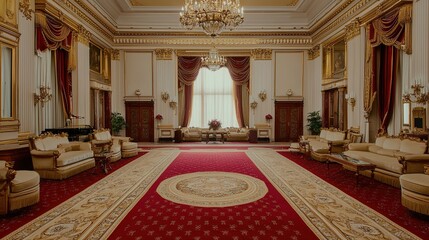 Opulent palace room with grand chandeliers, luxurious red carpets, gold accents, and elegant classical furniture.