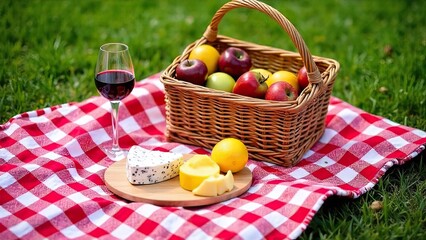 A picnic setup on green grass. A wicker basket filled with apples, a glass of red wine, a plate with cheese, and sliced bread on a red and white checkered blanket.