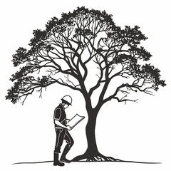 Arborist Examining Tree Plans  Detailed Silhouette Illustration