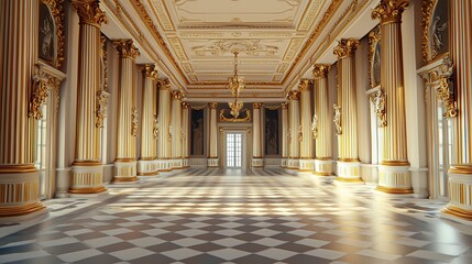 A grand, ornate hall with tall columns, chandeliers, and a checkered marble floor, illuminated by natural light from large windows.