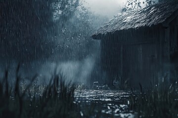 Noah's Ark surrounded by heavy rain with a dark sky and distant blurred trees during a dramatic storm
