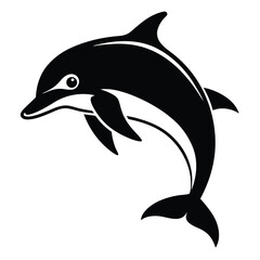 A stylized black dolphin jumps with a sleek, contoured, minimalistic silhouette against a white backdrop