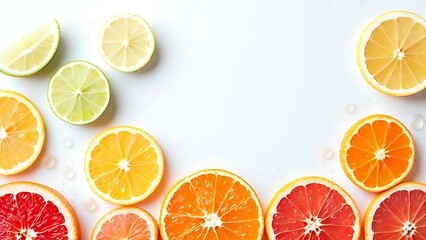 Variety of citrus fruit slices in rainbow gradient. Ideal for food, nutrition, summer, or healthy lifestyle concepts in commercial, editorial, and graphic design use