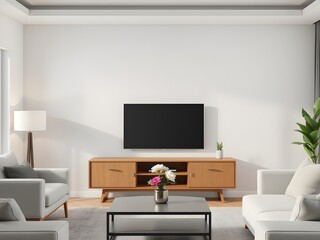 Modern Living Room Interior Mockup with TV Cabinet, Lamp, Table, and Indoor Plants