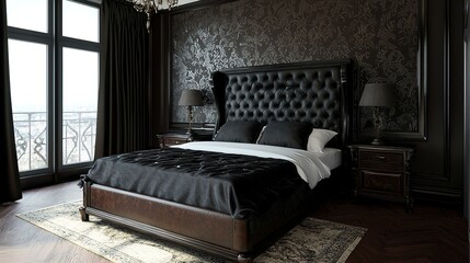 Elegant bedroom with dark, luxurious decor, large tufted headboard, modern lamps, and natural light from tall windows.