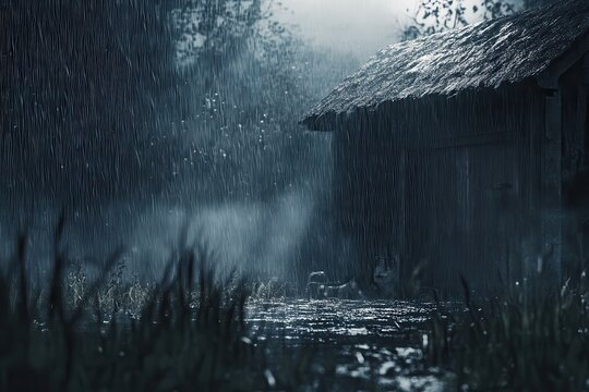 Noah's Ark surrounded by heavy rain with a dark sky and distant blurred trees during a dramatic storm