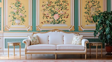 Elegant vintage sofa with floral pillows, ornate side tables, and decorative painted walls create a luxurious, classic interior setting.