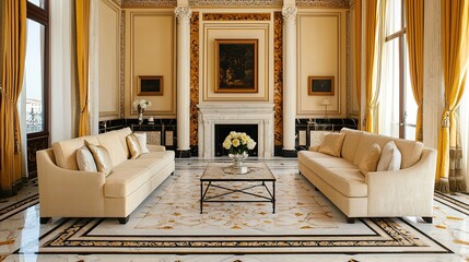 Elegant, luxurious living room with grand decor, marble flooring, two beige sofas, a fireplace, and large golden curtains.