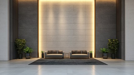 Modern lobby with minimalistic decor, soft lighting, black sofas, plants, and a large wall panel.