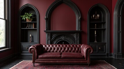A luxurious maroon sofa sits in a dramatic, gothic-inspired living room with arched shelves, dark walls, and ornate fireplace.