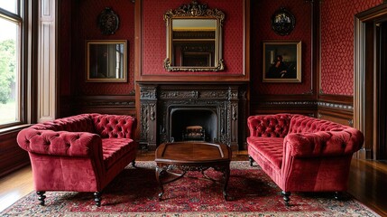 Elegant Victorian living room with red velvet sofas, ornate fireplace, patterned wallpaper, mirrors, and a classic wooden coffee table.