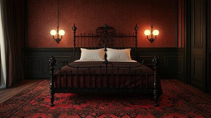 Elegant vintage bedroom with a dark ornate bed frame, red wallpaper, classic lighting, and a luxurious patterned rug.